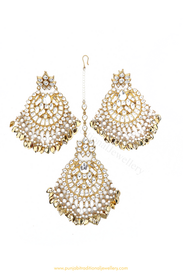 Gold Finished Pippal Patti Kundan Earrings & Tikka Set By PTJ